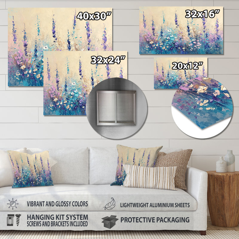Fleurs mauves et bleues en fleurs - Art mural fleurs sauvages, Métal métal, H 24 po x l 32 po x P 1 po
