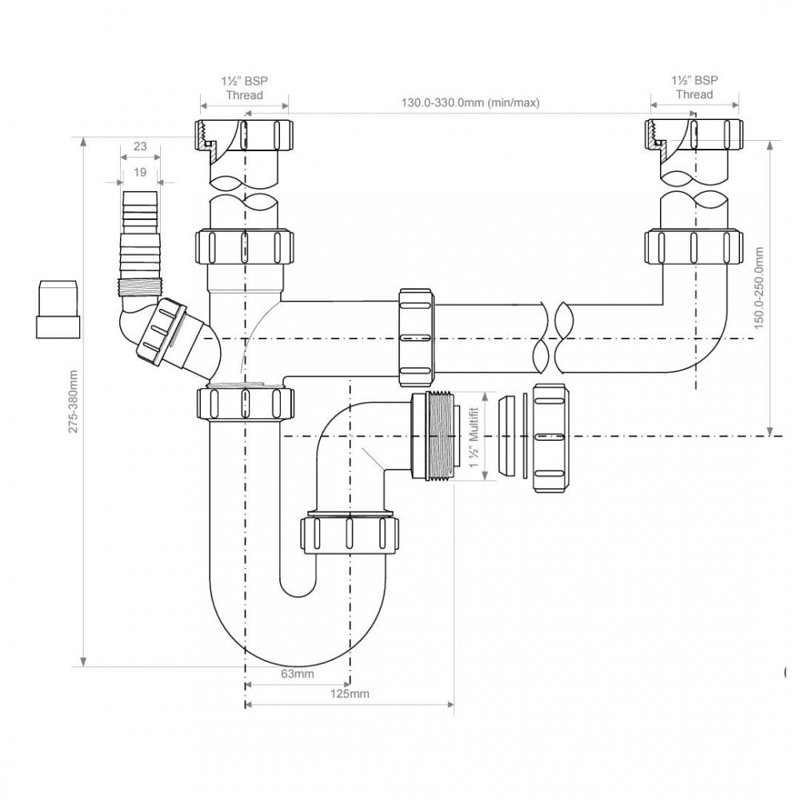 1.5 & 2.0 Bowl Kitchen Sink Plumbing Kit With Appliance Connection ED65083EAA924941BF12C5AE3C5974AC