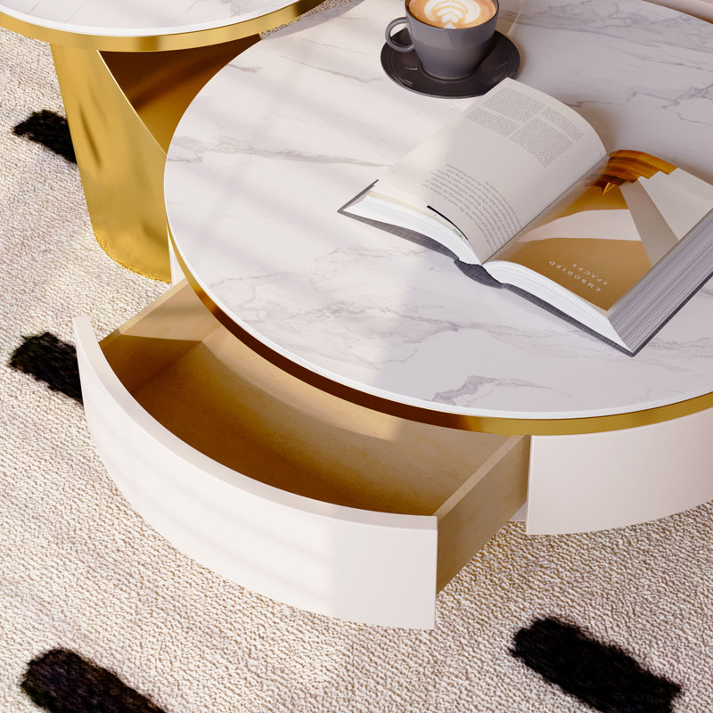 Jakori No Assembly Required Nesting Coffee Table With Storage – Rock Tabletop Heat-Resistant & Wear-Resistant, Gold