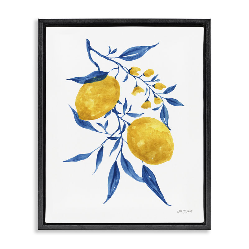 «Lemons with Blue Leaves Floater», art mural sur toile par Yvette St. Amant, Cadre flottant noir de jais, H 31 po x l 25 po