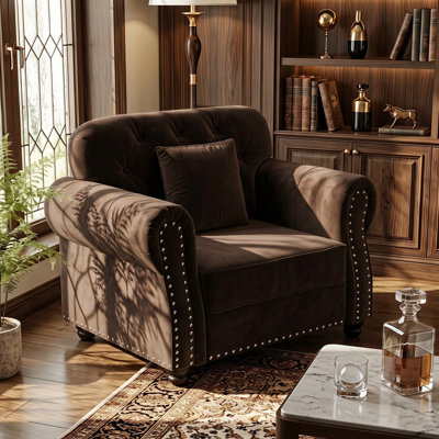 Fauteuil rembourré en velours de 41,3 pouces avec accoudoirs roulés et garniture cloutée, fauteuil Chesterfield à une place, convient au salon, à la chambre à coucher et au bureau.