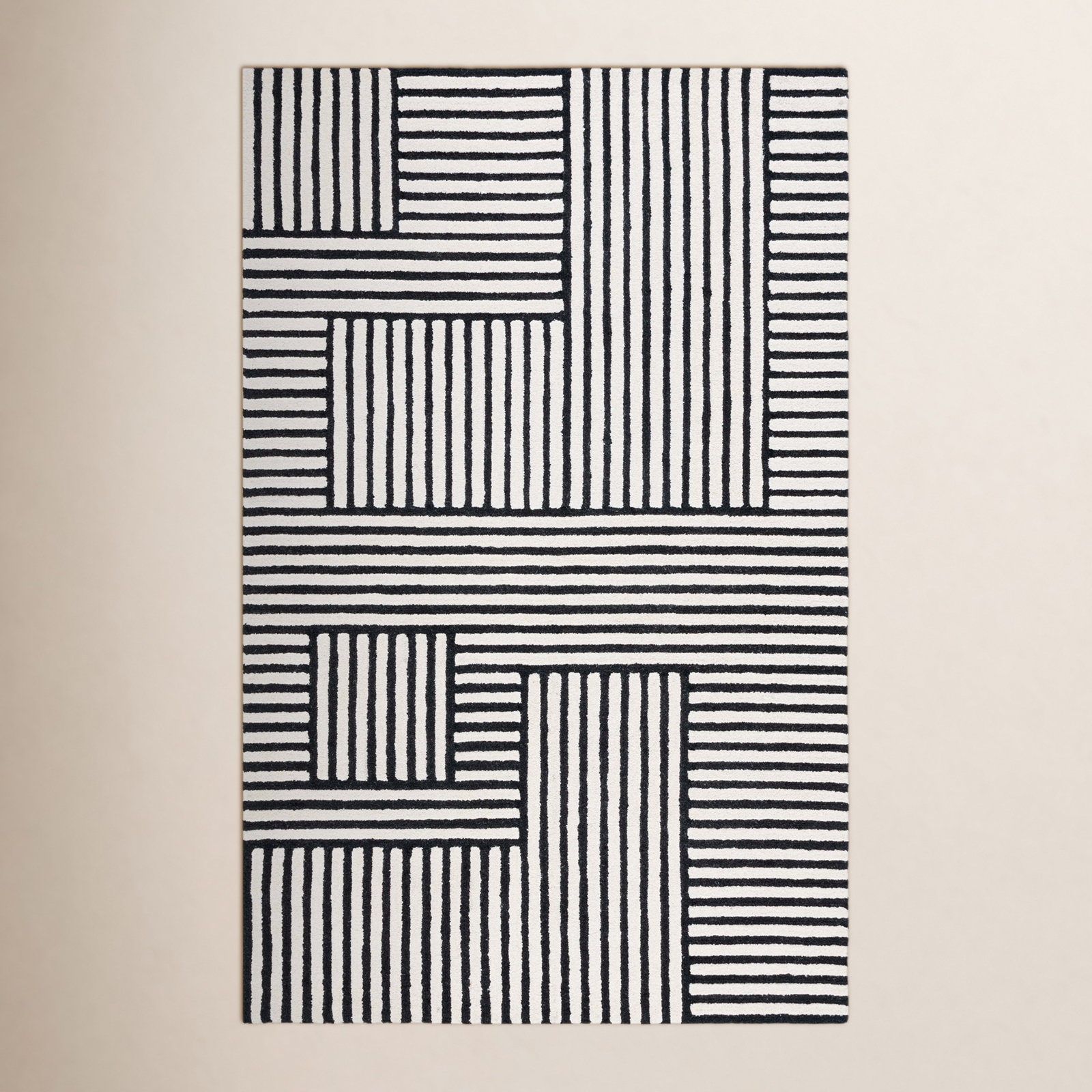 Elsbeth Geometric Hand Tufted Wool/Cotton Area Rug in Ivory/Black, Square 6'