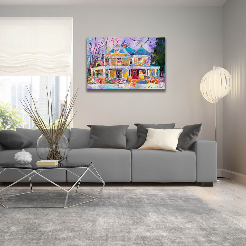 «Christmas House» par Richard Wallich, art mural en verre acrylique, 36 po x 24 po