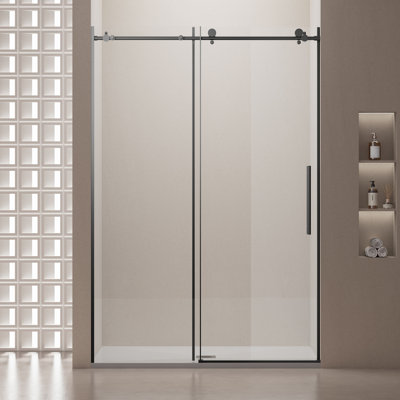 MonBlari Frameless Single Sliding Shower Door, 55-60" W X 76" H, 3/8" (10Mm) Thick SGCC Tempered Glass With Explosion-Proof Film, Stainless Steel Hardware, Matte Black