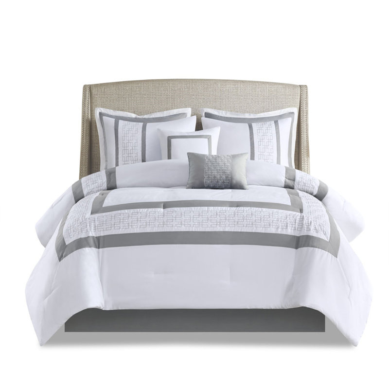 8 Piece Embroidered Comforter Set White, California King Comforter + 4 Shams + 2 Pillows