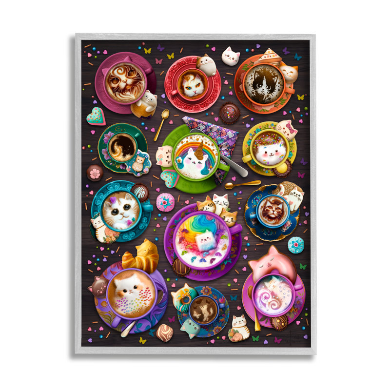 Colorful Cat Latte Art Print in Gray Frame