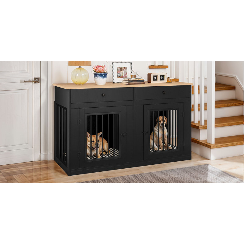 Console à double porte pour cage de chien avec tiroirs de rangement, Noir