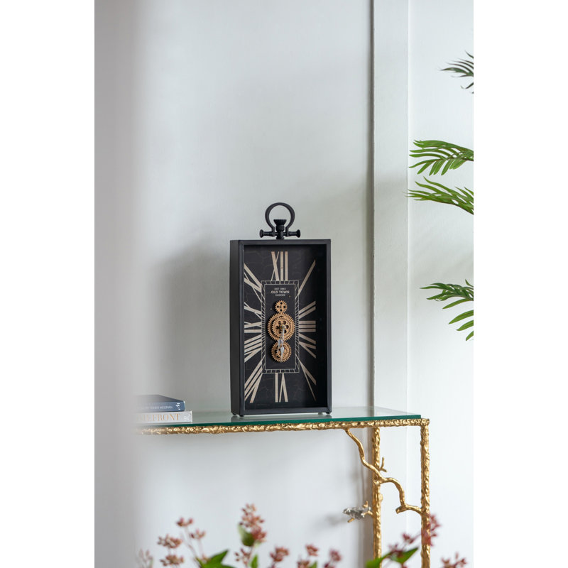Decorative Black and Gold Roman Numeral Table Clock, Home Decor Gear Clock, 21" x 10"