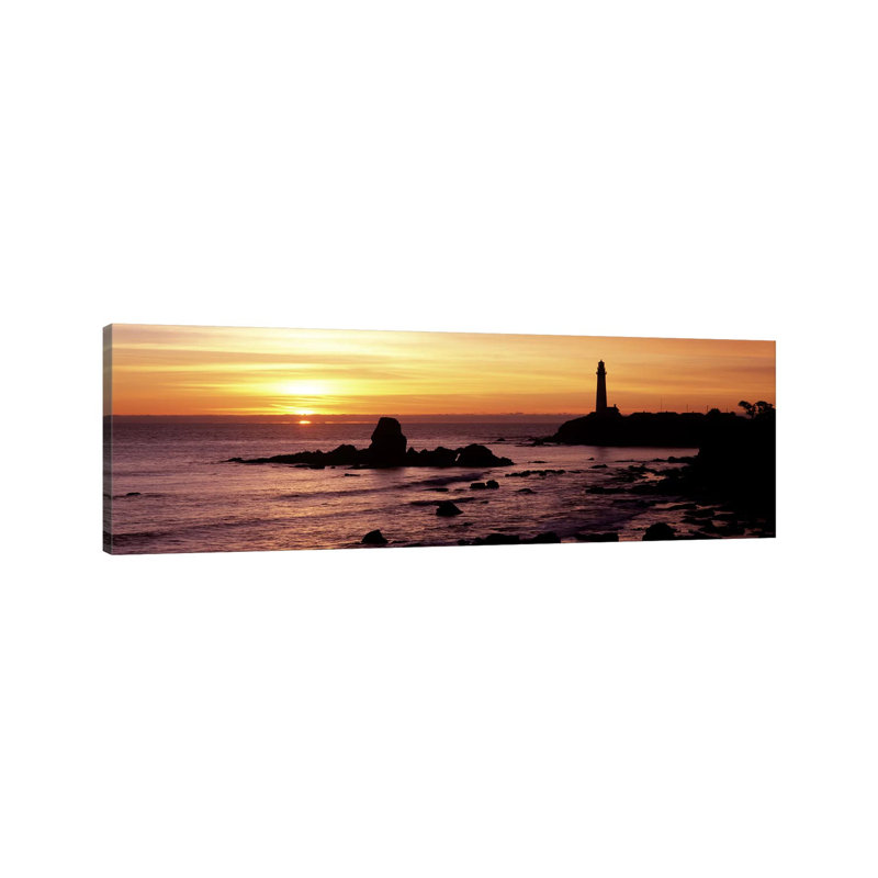 Silhouette Of A Lighthouse At Sunset, Pigeon Point Lighthouse, San Mateo County, California, USA by Panoramic Images - Wrapped Canvas Panoramic Print