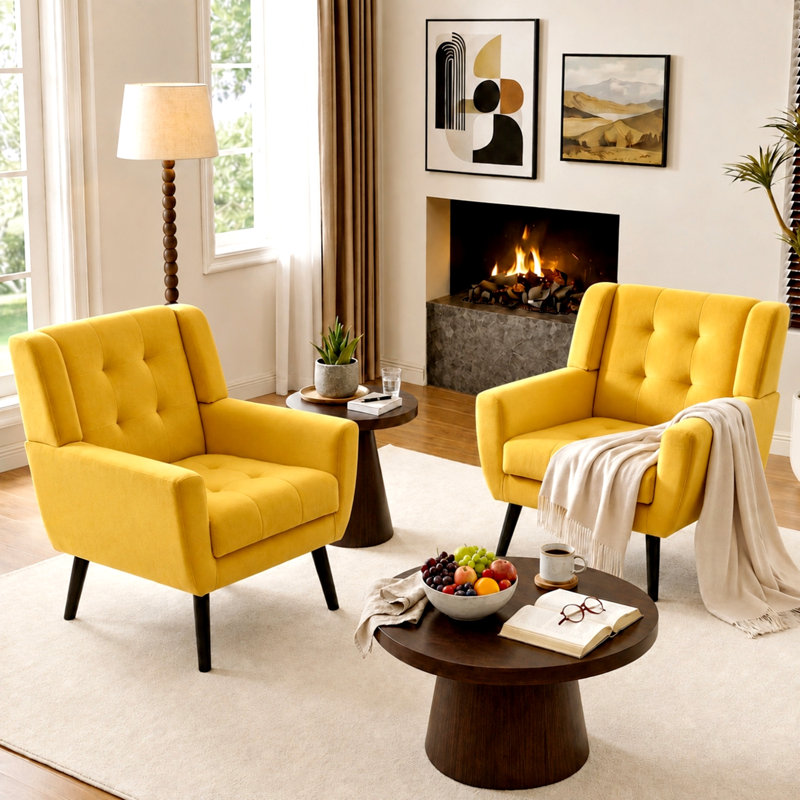Ensemble de 2 fauteuils capitonnés rembourrés à dossier large, Velours jaune