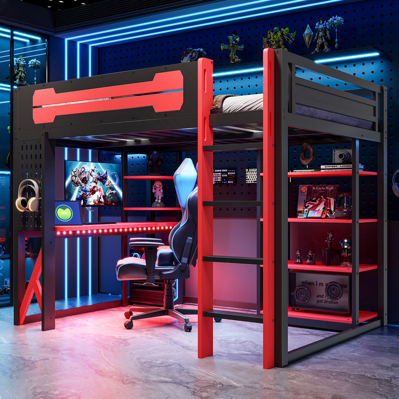 Full Size Wood Loft Bed with Desk, Shelves, USB & Type-C Ports, Power Outlet, and RGB Light, Black+Red, Black/Red