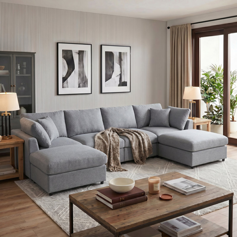 Grand canapé modulaire en forme de U de 128 po avec 2 repose-pieds mobiles, tissu chenille pour le salon et le cinéma maison