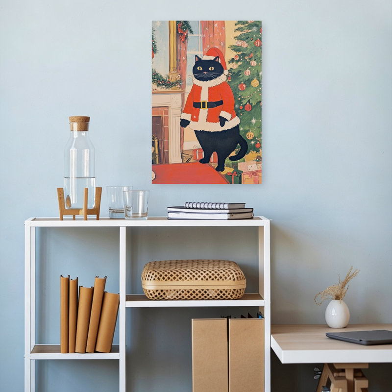 Black Cat Santa Classic Abstract Christmas Tree Cat Winter Architecture Wall Art Print 1 Piece Wrapped Canvas Wall Art