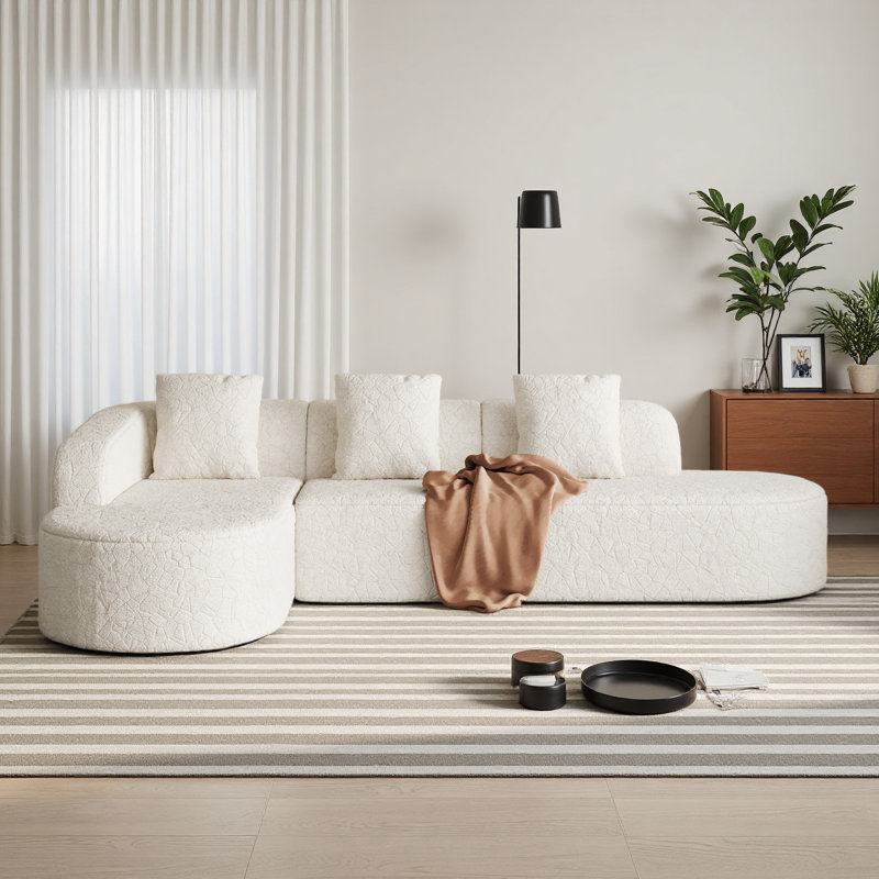 Canapé modulaire incurvé en forme de L de 111,8 pouces, design moderne avec tissu en polyester à poils longs texturé litchi, dossier incurvé avec trois coussins