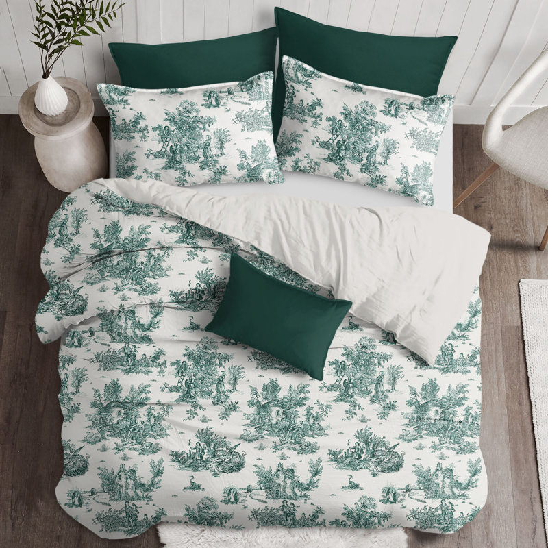 Ensemble de couvre-lit en coton Toile De Jouy, Couvre-lit pour lit double + 2 taies décoratives, Vert