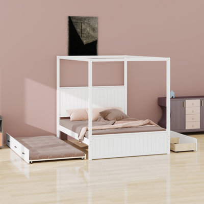 Stylish Modern Canopy Platform Bed Equipped with Four Posts,Headboard,  Trundle and  Storage Drawers