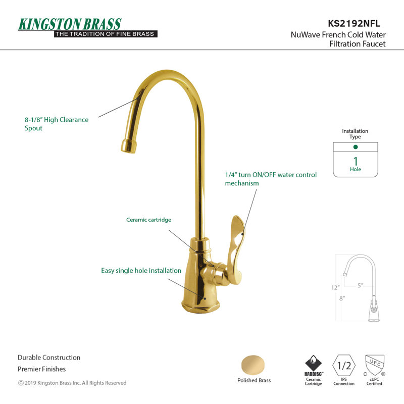 Kingston Brass NuWave French Single-Handle 1-Hole Deck Mount Water Filtration Faucet, Polished Brass