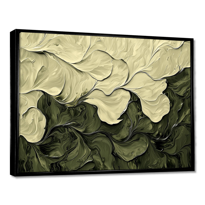 Jacovian abstrait crème vert pétale danse I - art mural abstrait, H 30 po x l 40 po, Impression encadrée flottante