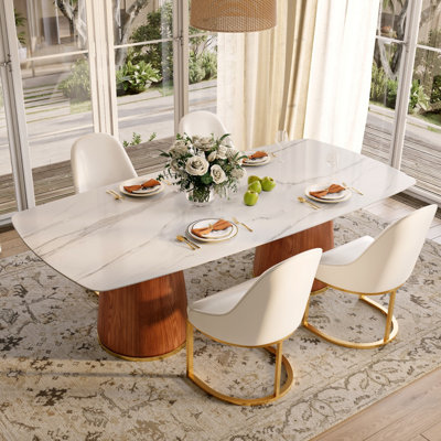 93.7 Modern Rectangular Sintered Stone Dining Table Set With Double Barrel Accent Pedestal