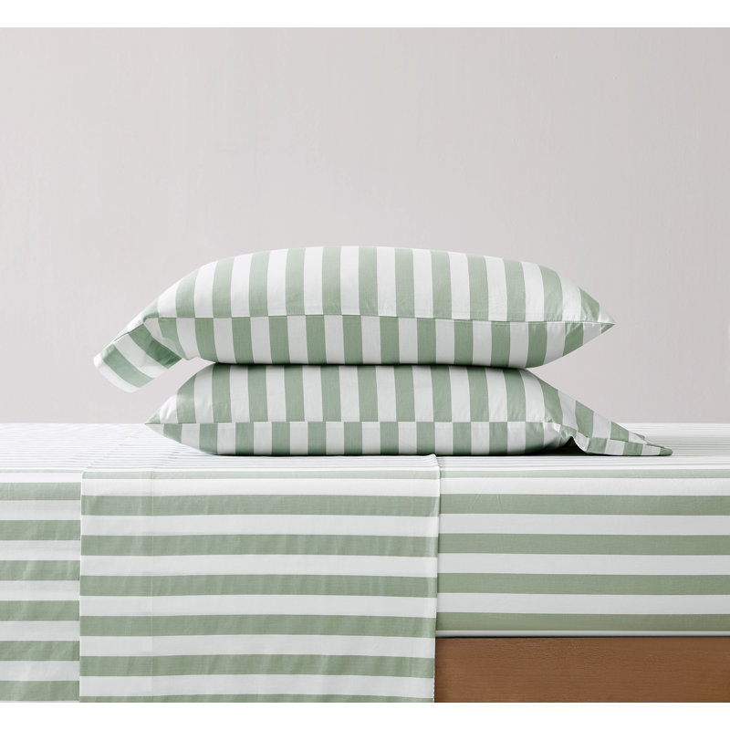 Ensemble de draps Brooklyn Loom Levi, Blanc et vert sauge, Très grand lit