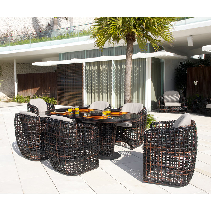 Dynasty Outdoor 7 - Piece Dining Set with Cushions, Black Mushroom, Canvas Navy Sunbrella® Canvas