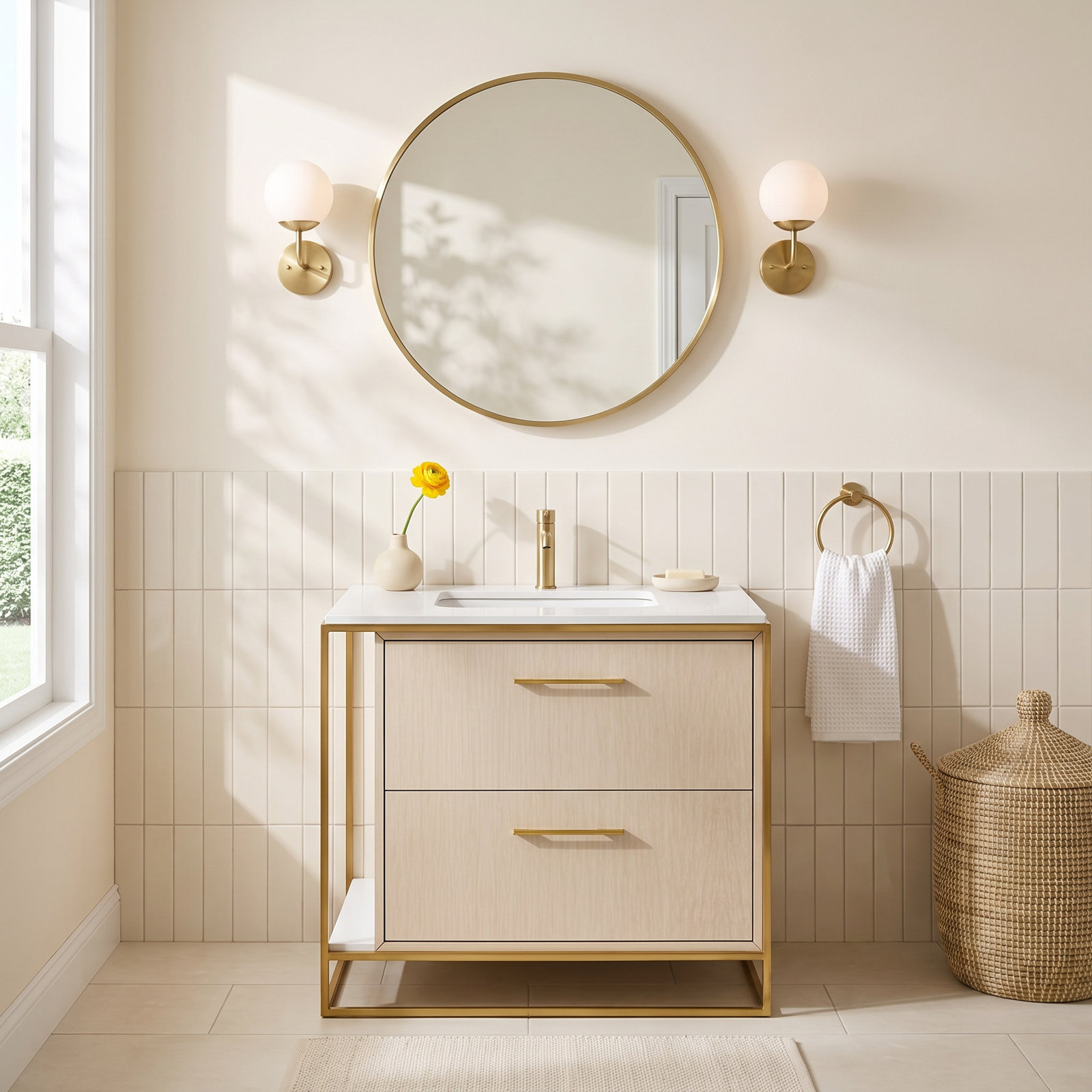 24" Cherry Single Bathroom Vanity, Brass, Single-Hole, White Oak
