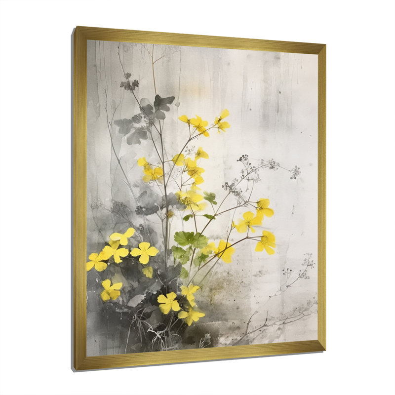 Jardin aux herbes jaune et gris, H 20 po x l 12 po x P 1 po, Encadrement doré