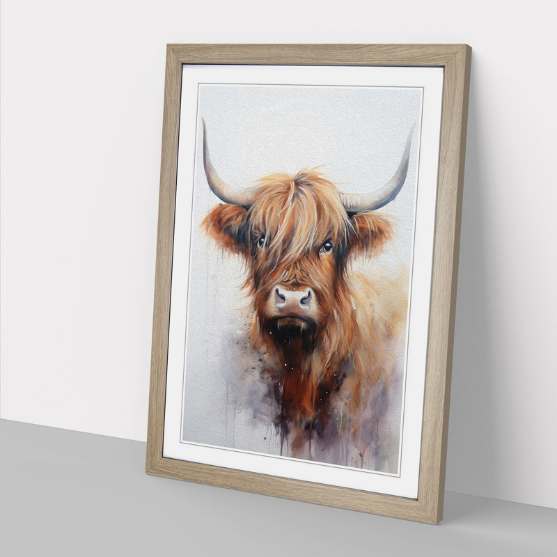 Highland Cow Tachisme - Single Picture Frame Print on Wood, Oak, 46cm H x 34cm W x 2cm D