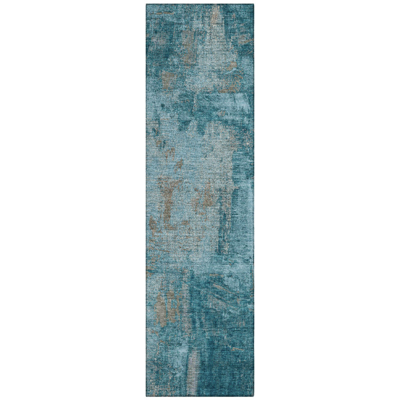 Teal Abstract Washable Synthetic Indoor/Outdoor Runner Rug