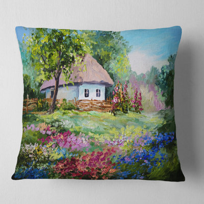 House in the Village Oil - Landscape Printed Pillow