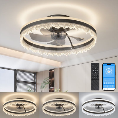 Ventilateur de plafond encastré noir de 20 po avec lumière, télécommande Bluetooth et application, ventilateur CC silencieux à 6 vitesses, fonction réversible, lumière DEL lumineuse à intensité variable, ventilateur de plafond silencieux à minuterie pour le salon de la chambre à coucher