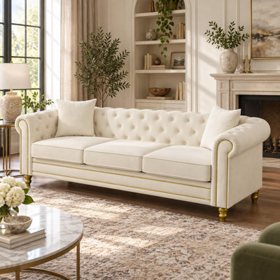 Canapé Chesterfield de 85 po en velours avec pieds dorés, canapé capitonné de luxe pour le salon, canapé Chesterfield moderne de style Mid-Century 3 places - beige