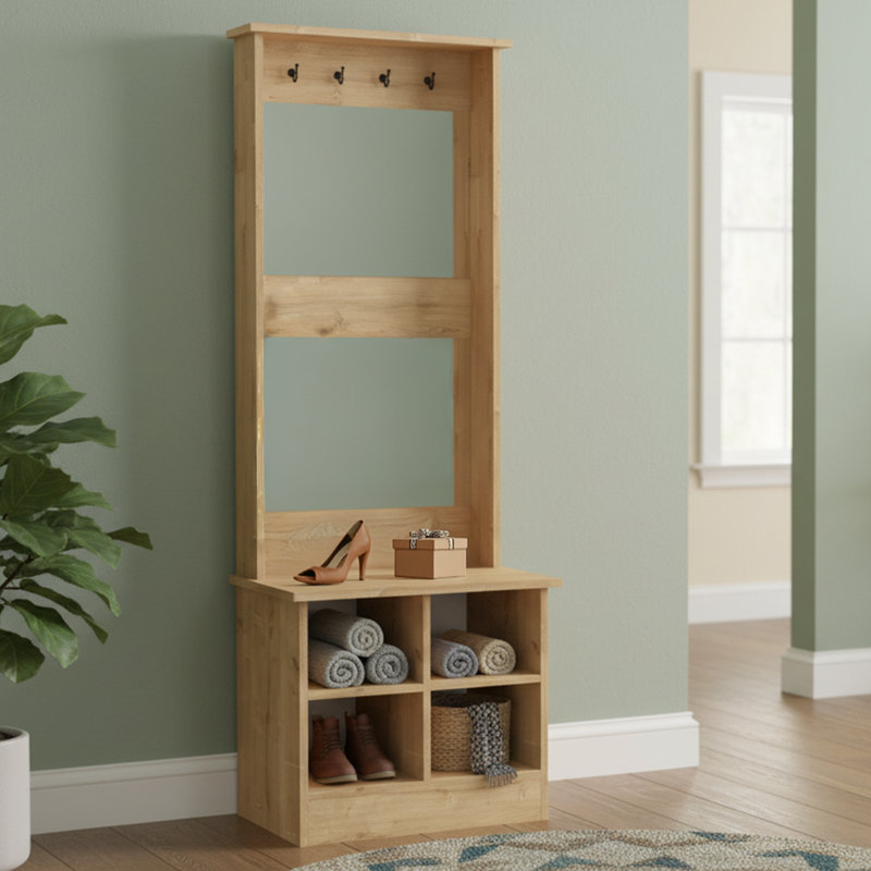 Hall Tree With Shoe Storage And 4 Hooks, Sapphire Oak