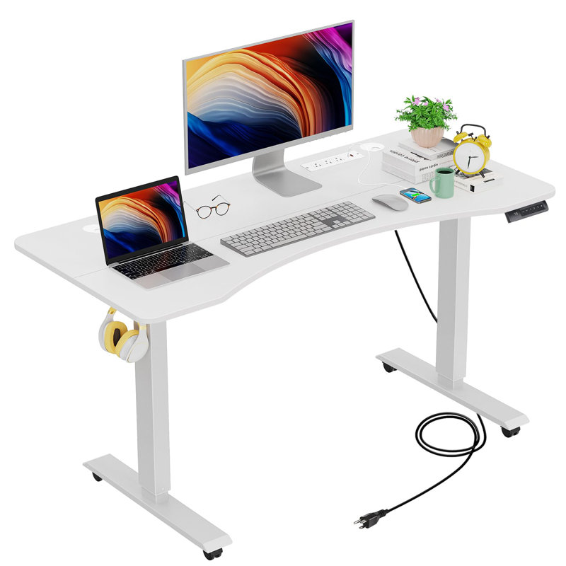 Masakazu Height Adjustable Standing Desk with Built-in Outlets,4 Lockable Casters, 2 Hooks, White, 46" H x 48" W x 24" D
