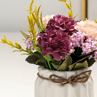 Artificial Fake Potted Flowers Bouquet Hydrangea with Vase for Dining Table Decoration Green