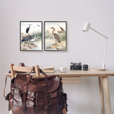 «Elegant Heron Birds Forager River Edge Scene» par Piddix - ensemble de 2 impressions sur toile flottante
