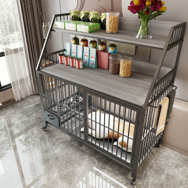Grande cage de cage pour animaux avec support de rangement, tiroirs, bols en acier inoxydable pour nourriture / eau, structure en fer à double couche et matériau en bois aggloméré (noir / gris fumée)