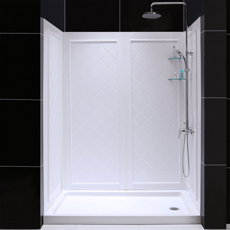 Qwall 32" D x 60" W x 76 3/4" H Left Drain Acrylic Shower Base and Wall Kit in White, Right