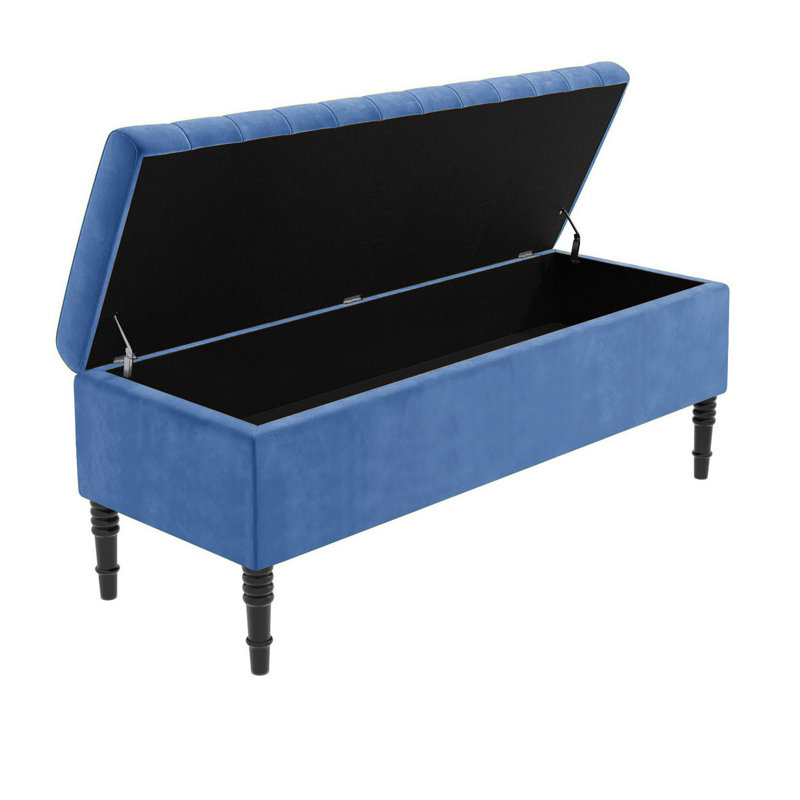 Paris Striped Ottoman Storage Bench - Upholstered Plush Velvet Shoes Bench with Black Turned Wooden Legs, Duck Egg