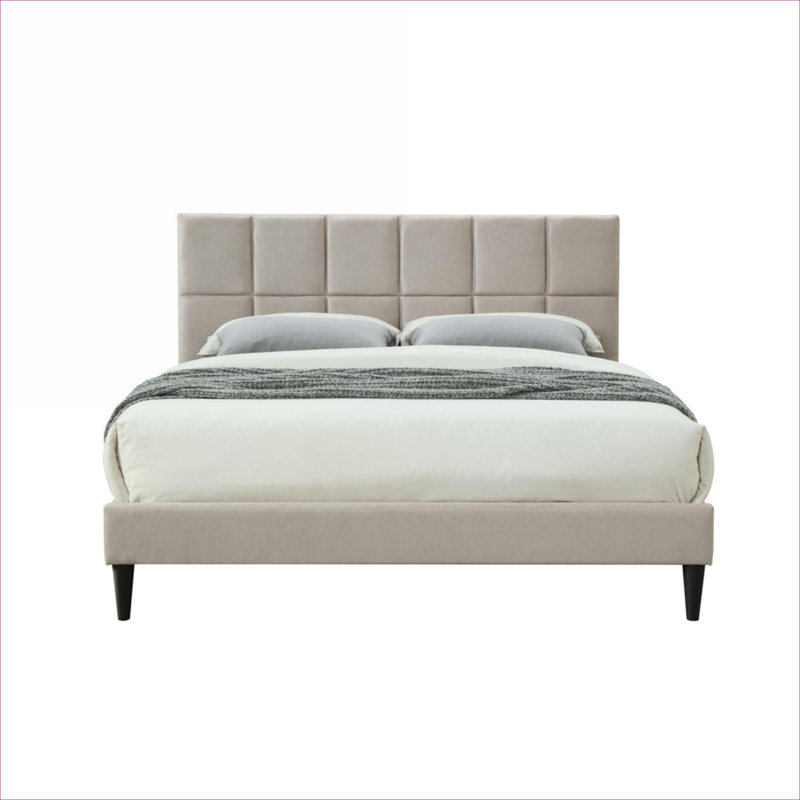 Upholstered cool gray queen size bed frame, designed for everyday bedroom use with square patterned headboard and USB charging