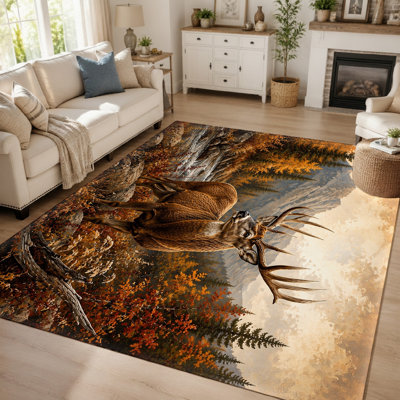 Tapis décoratif « Forêt de cerfs majestueuse » (1 pièce) - Impression d'art animalière réaliste, paysage d'automne éclatant, durable et facile à nettoyer, dos antidérapant, idéal pour le salon, la chambre à coucher, la salle à manger et la décoration intérieure.