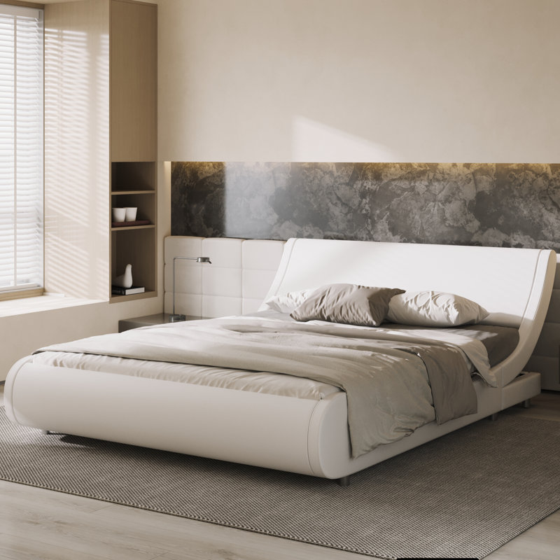 Grau Faux Leather Platform Upholstered Sleigh Bed, Full, White