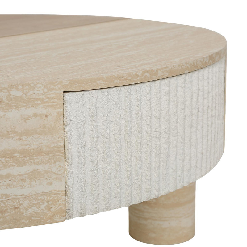 Table basse ronde avec plateau rabattable et compartiment de rangement caché
