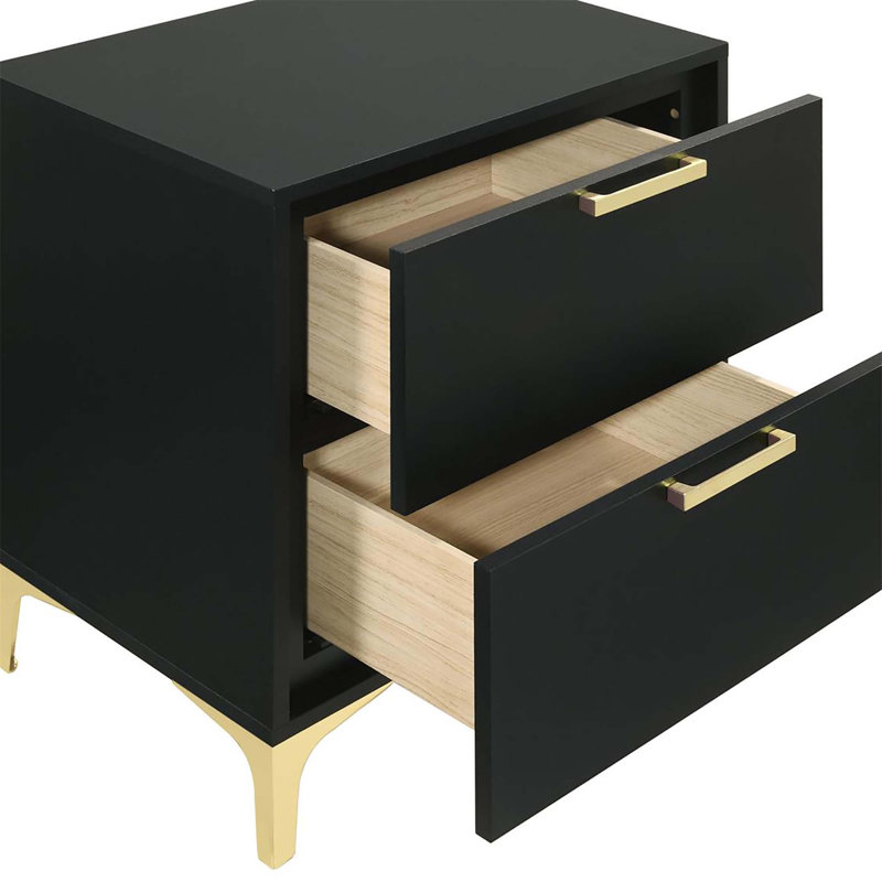 Table de chevet moderne noire à 2 tiroirs avec accents dorés, rangement spacieux pour une chambre à coucher glamour, Noir