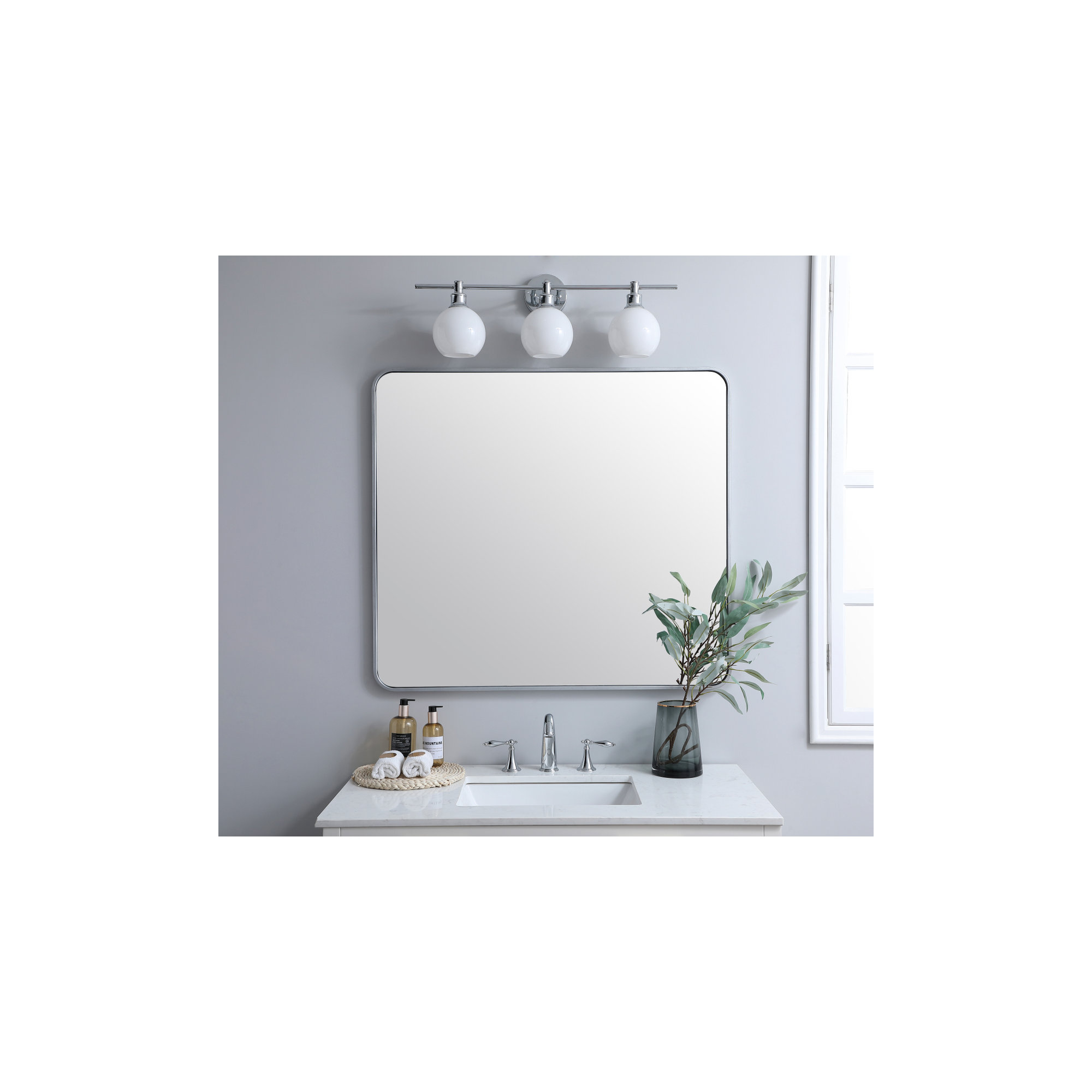 Sabine Metal Rounded Rectangle Wall Mirror, Silver, 40" x 36"