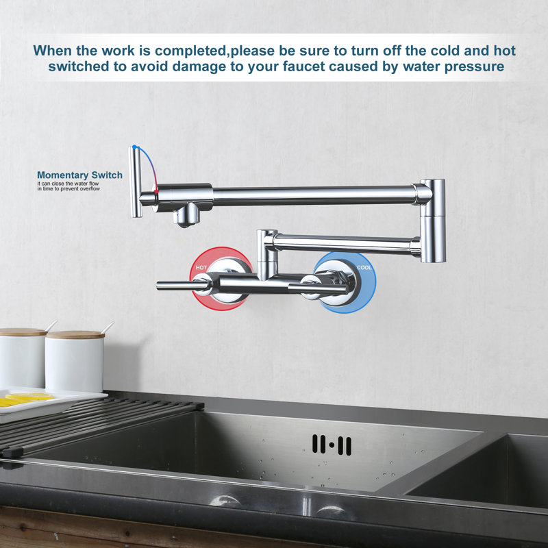 Polished Chrome Wall-Mount 3-Handle Pot Filler Faucet