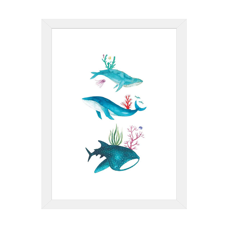 Créatures de l'océan - impression, Blanc, H 32 po x l 24 po x P 1 po, Papier encadré blanc
