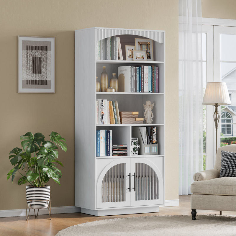 70" Bookshelf And Bookcase, Tall Bookcase With Glass Door, 5 Tier Mid-century Book Shelves W/ Deep Storage Cabinet And Adjustable Shelves, Wood Standing Tall Book Shelf For Home Office Kitchen