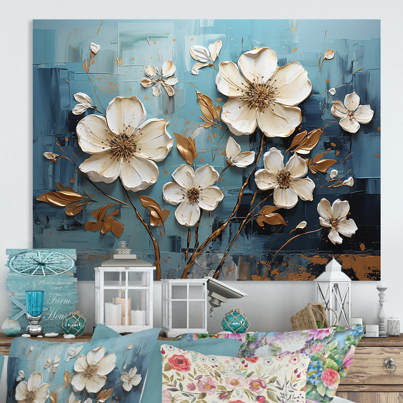 Fleurs de pavot dorées et blanches - Art mural floral abstrait en métal, H 16 po x l 32 po x P 1 po