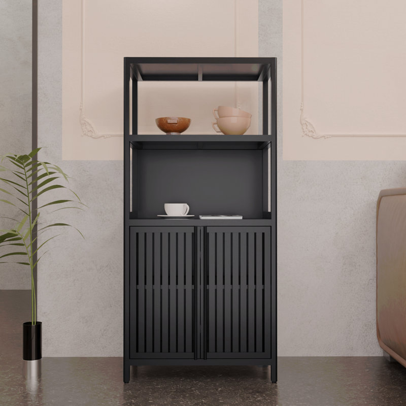 Black Bamboo Storage Cabinet, Separate Bathroom Cabinet With 2 Doors, Floor Cabinet Organizer For Living Room, Kitchen, Entrance